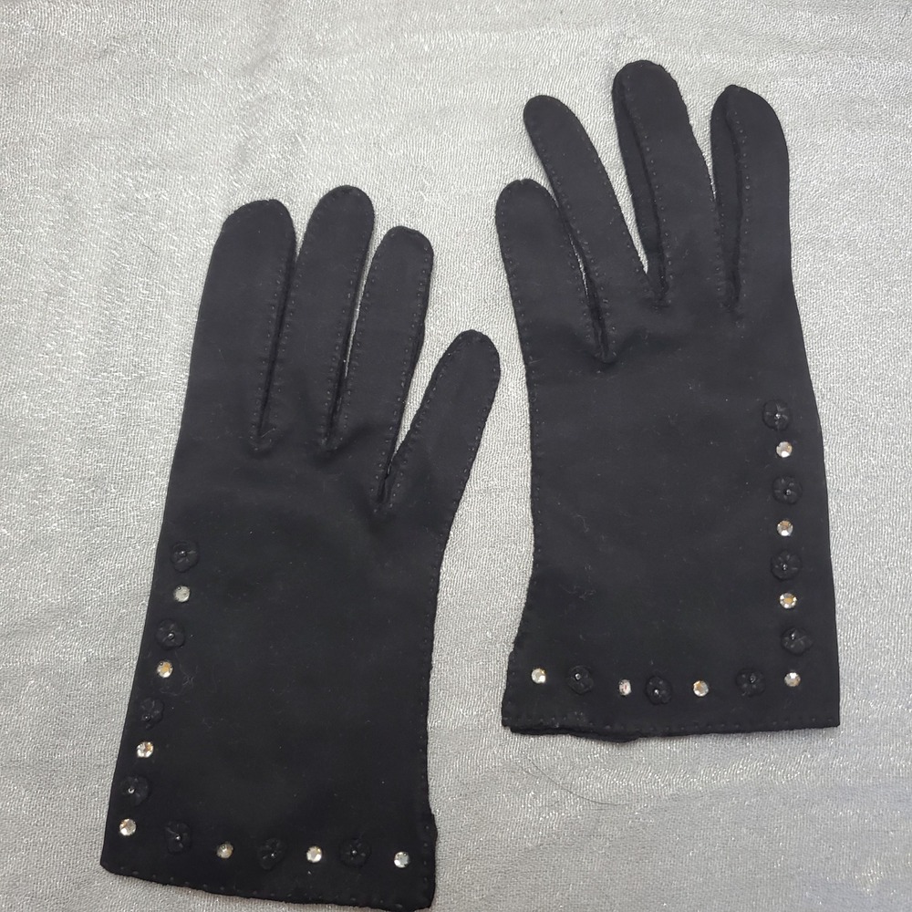 Vintage Black Formal Gloves Rhinestone Floral Embellished Wrist Length Evening